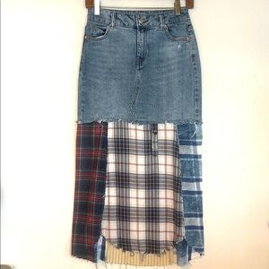 Upcycled denim and plaid pieced tattered and frayed boho skirt